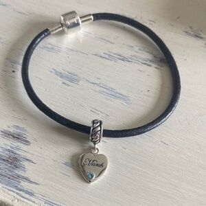 925 Thai Black Leather Bracelet with 925 Heart Charm Birthstone March 🩵